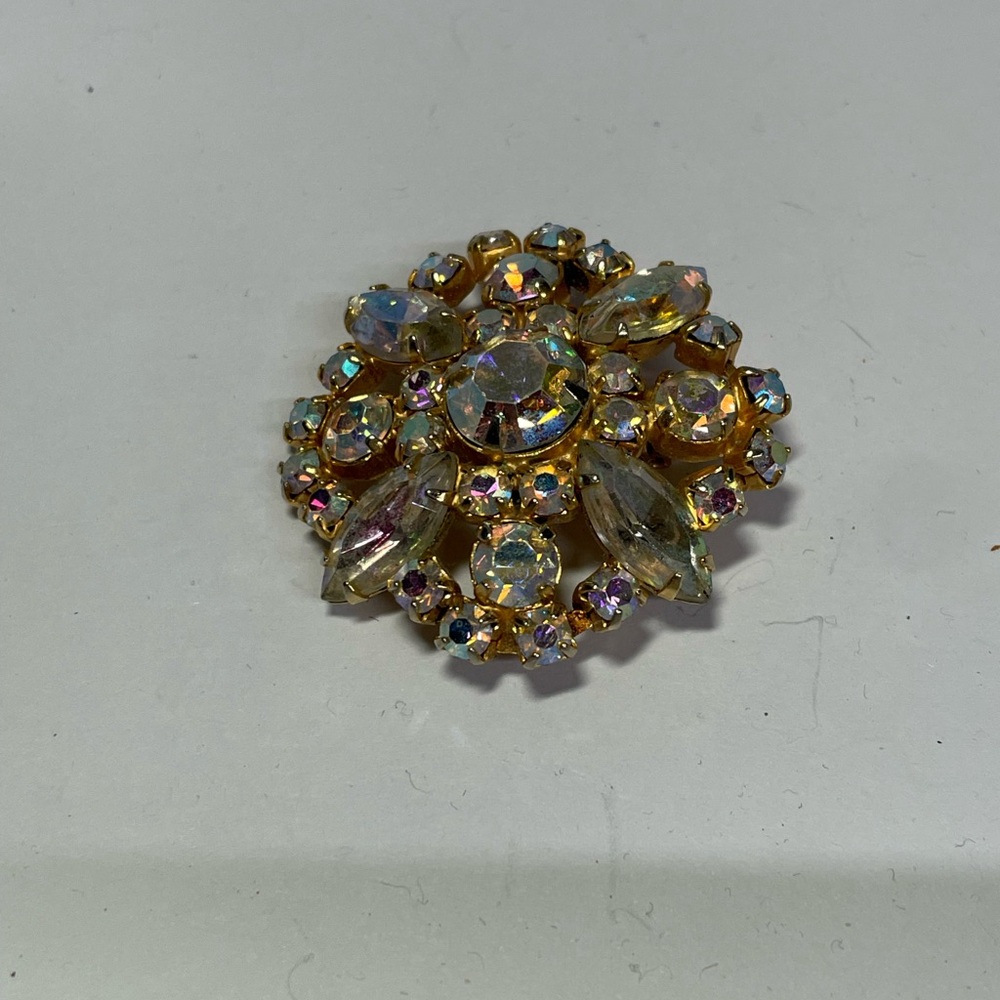 Gold and Silver Floral Brooch with Crystals